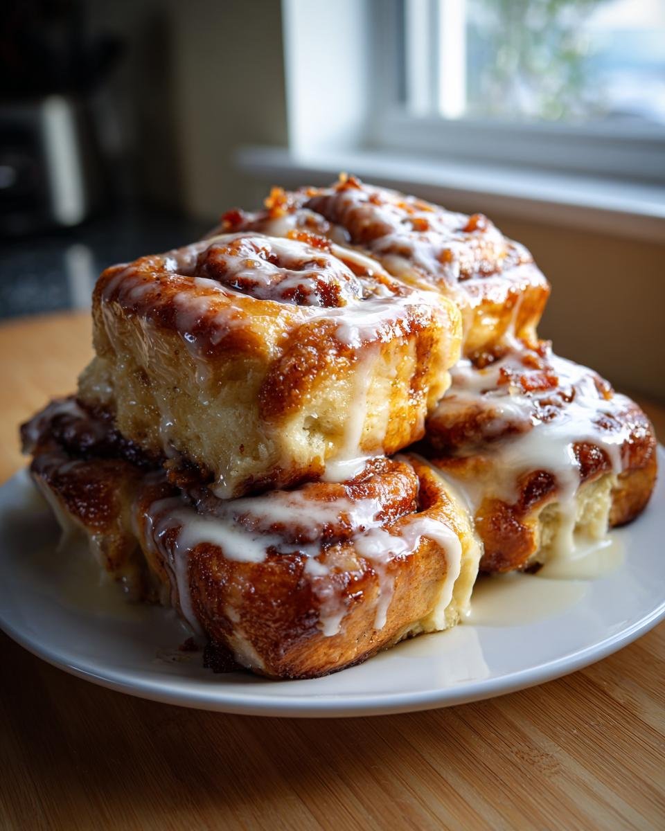 A stack of freshly baked Maple Bacon Cinnamon Rolls drizzled generously with white icing on a white plate.
