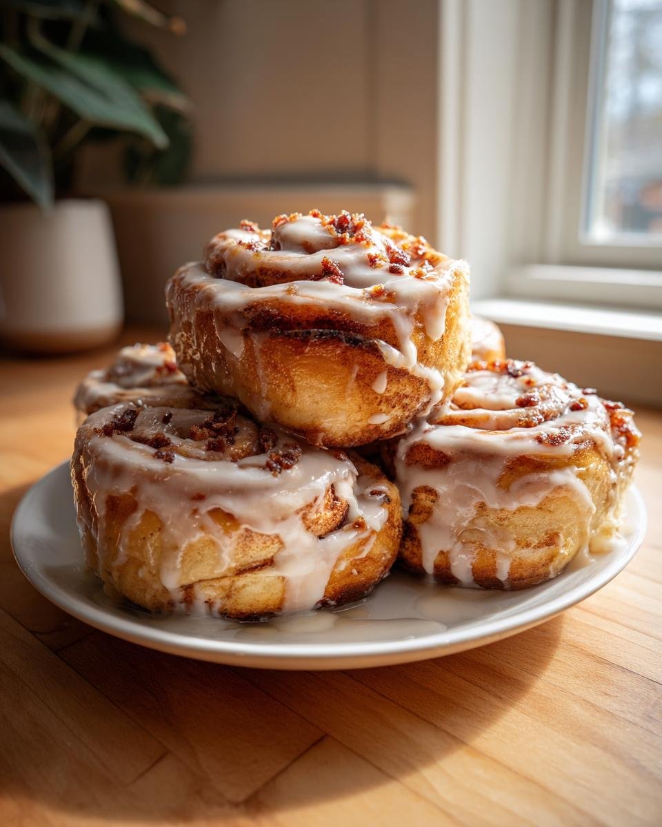 A stack of four freshly baked Maple Bacon Cinnamon Rolls, generously drizzled with white icing and topped with bacon bits.