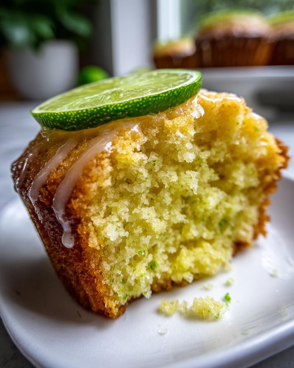 Close-up of a Margarita Cupcakes cross-section showing moist crumb, lime zest, and a lime slice garnish.