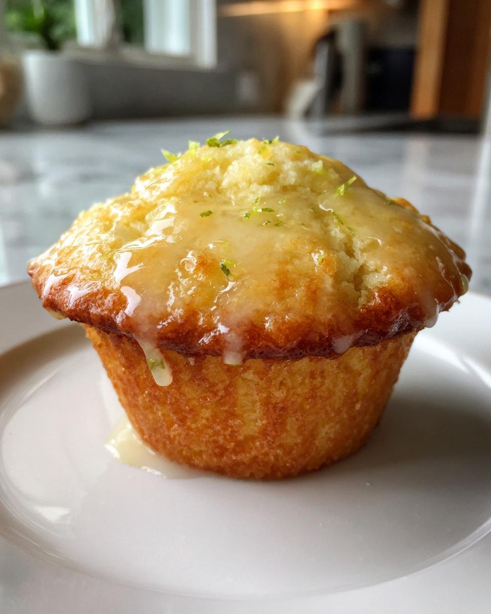 A single, golden-brown Margarita Cupcake topped with a shiny glaze and bright green lime zest.