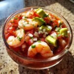 Close-up of a glass bowl filled with vibrant Mexican Shrimp Cocktail, featuring plump shrimp, tomato sauce, avocado chunks, and diced onion.