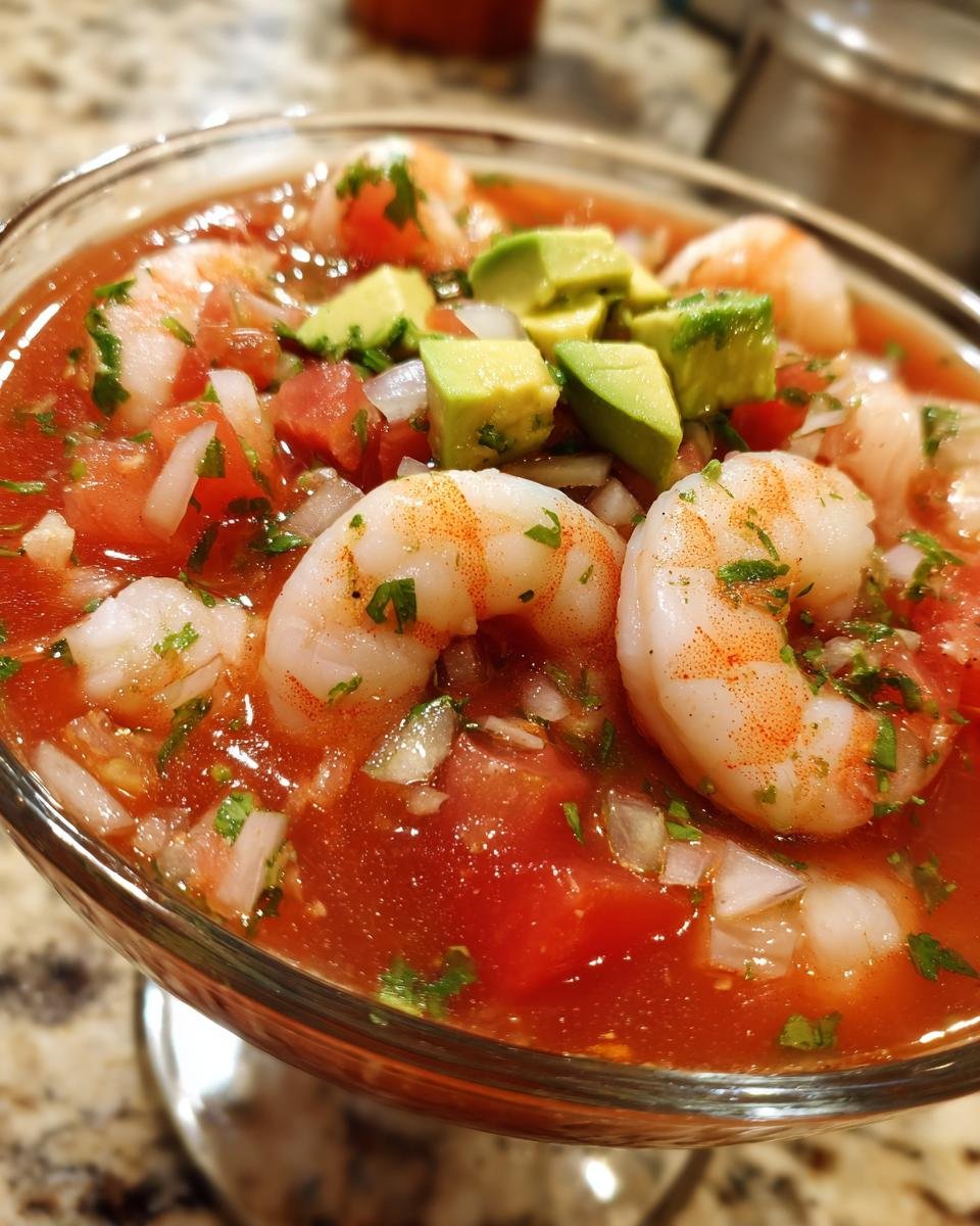 Close-up of Mexican Shrimp Cocktail featuring plump shrimp, diced tomatoes, onions, and avocado chunks in a tomato-based sauce.
