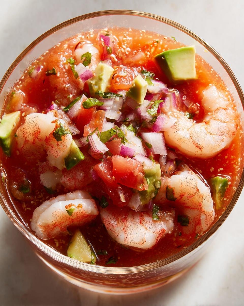Close-up overhead view of Mexican Shrimp Cocktail featuring plump shrimp, diced avocado, red onion, and tomato in a rich red sauce.