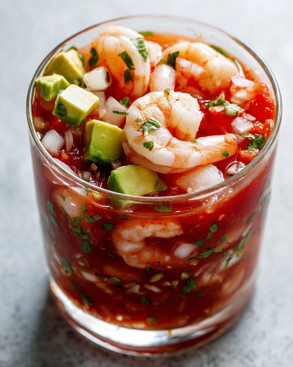Close-up of a glass filled with vibrant Mexican Shrimp Cocktail, featuring plump shrimp, avocado chunks, and onion in a rich tomato sauce.