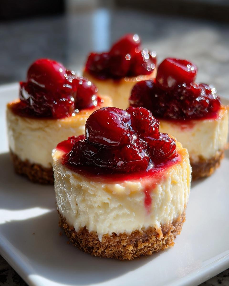 Four perfectly baked Mini Cherry Cheesecakes topped with glossy cherry topping on a white plate.