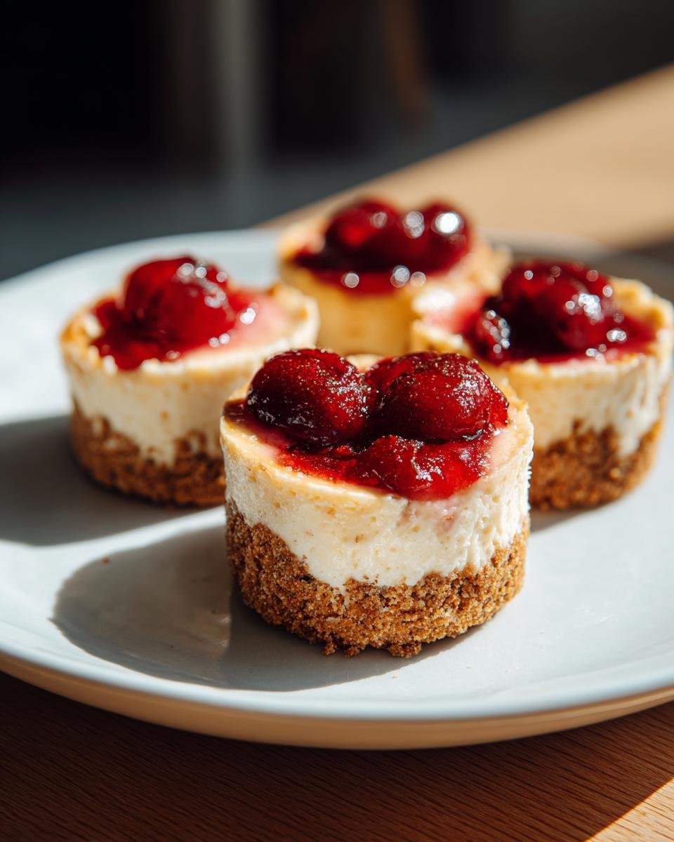 Four individual Mini Cherry Cheesecakes with graham cracker crusts and bright red cherry topping, sitting on a light blue plate.