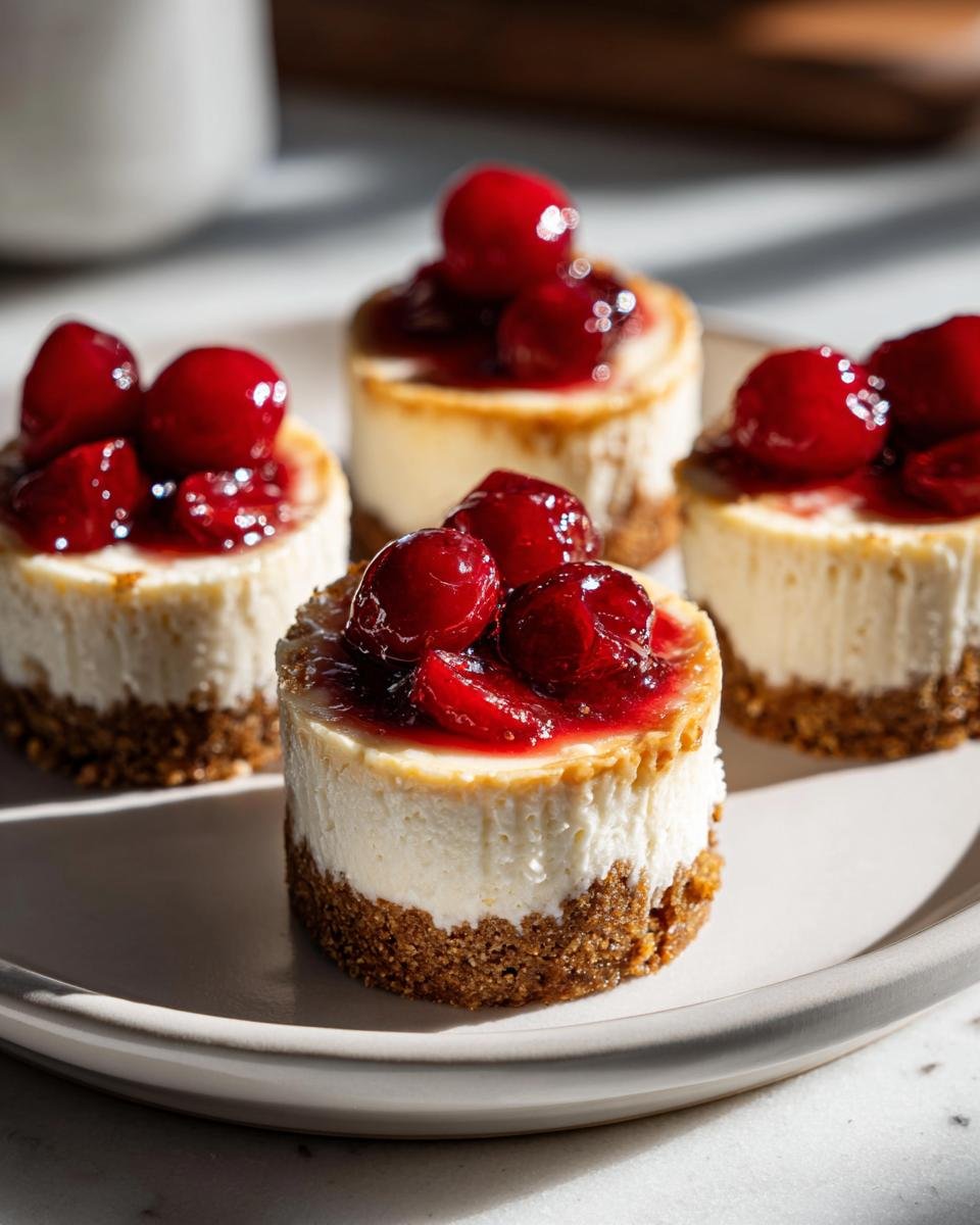 Four individual Mini Cherry Cheesecakes with graham cracker crusts and bright red cherry topping, arranged on a light plate.