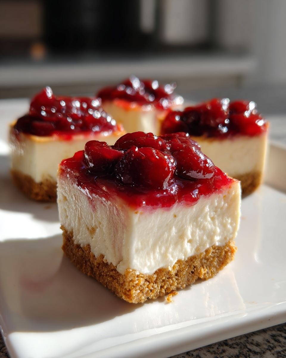 A close-up of one square Mini Cherry Cheesecakes, topped with bright red cherry compote, sitting on a white plate.