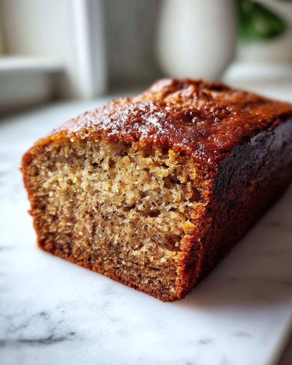 Close-up of a moist, golden-brown slice of homemade Banana Bread showing its crumb texture.
