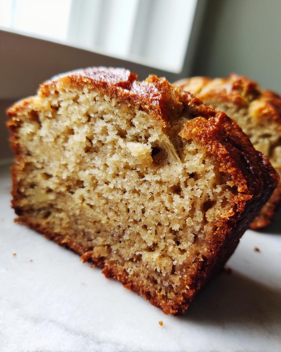 Close-up of a moist, golden-brown slice of homemade Banana Bread showing its tender crumb texture.