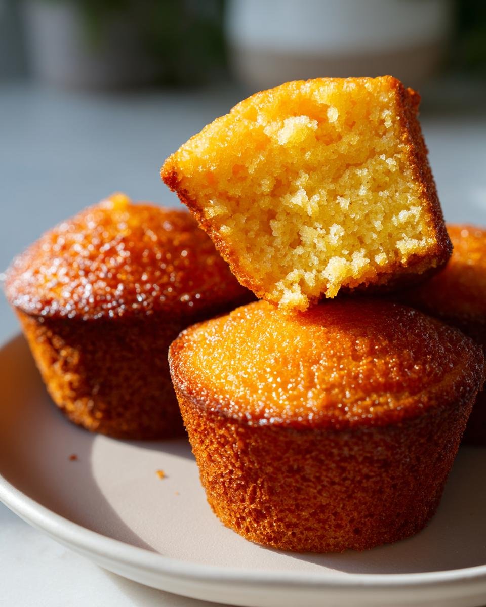 Close-up of golden Cornbread Cupcakes, one broken open showing the moist, yellow crumb texture.