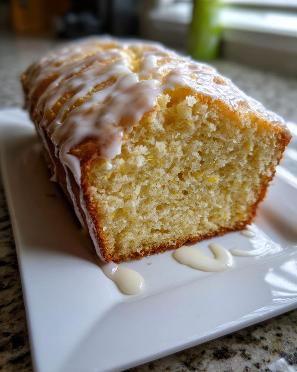 Close-up of a freshly baked Lemon Bread loaf with a thick, white glaze drizzled over the top, resting on a white plate.