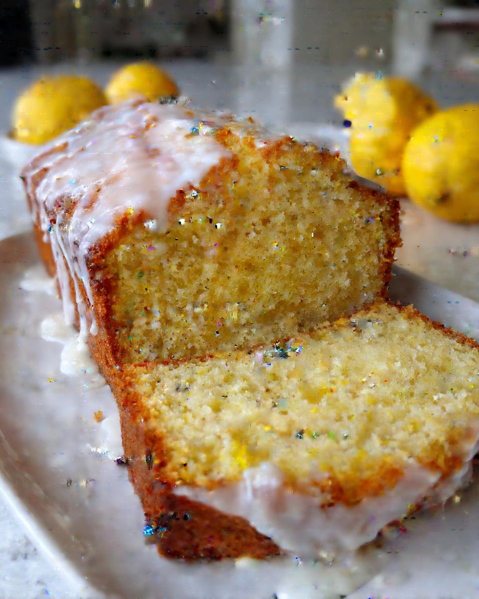 A close-up of sliced Lemon Bread topped with a thick white glaze and colorful sprinkles.