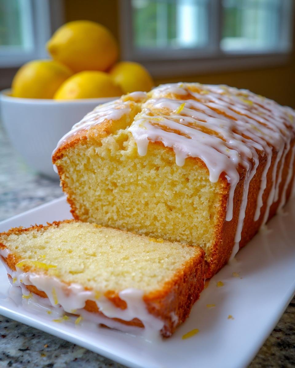 A slice of moist Lemon Bread with a thick, white lemon glaze drizzled over the top loaf.