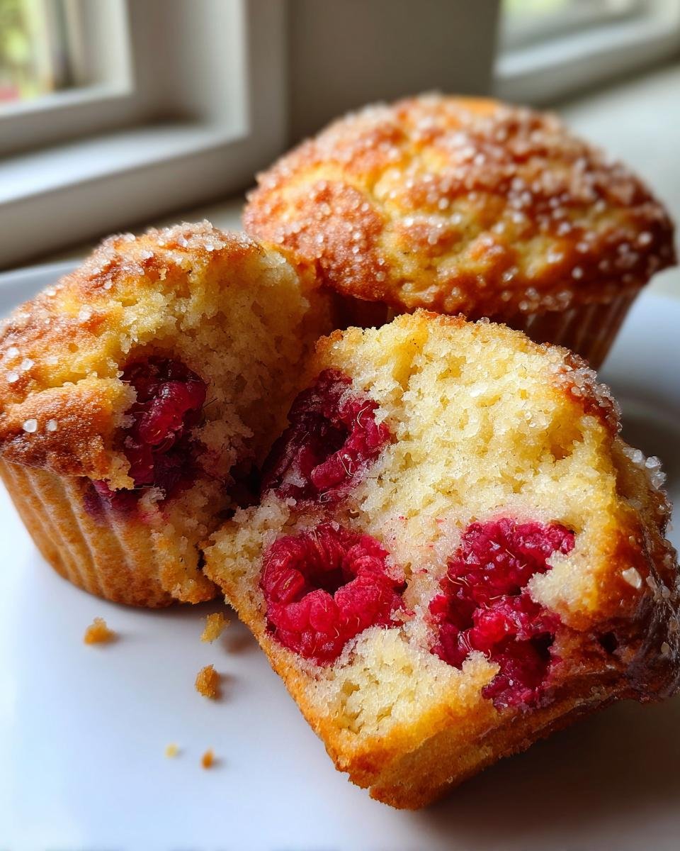 A close-up of a halved Raspberry Muffin showing moist crumb and fresh raspberries inside, topped with coarse sugar.