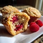 Close-up of a soft Raspberry Muffins, cut open to show the bright red fruit inside and a sugary topping.