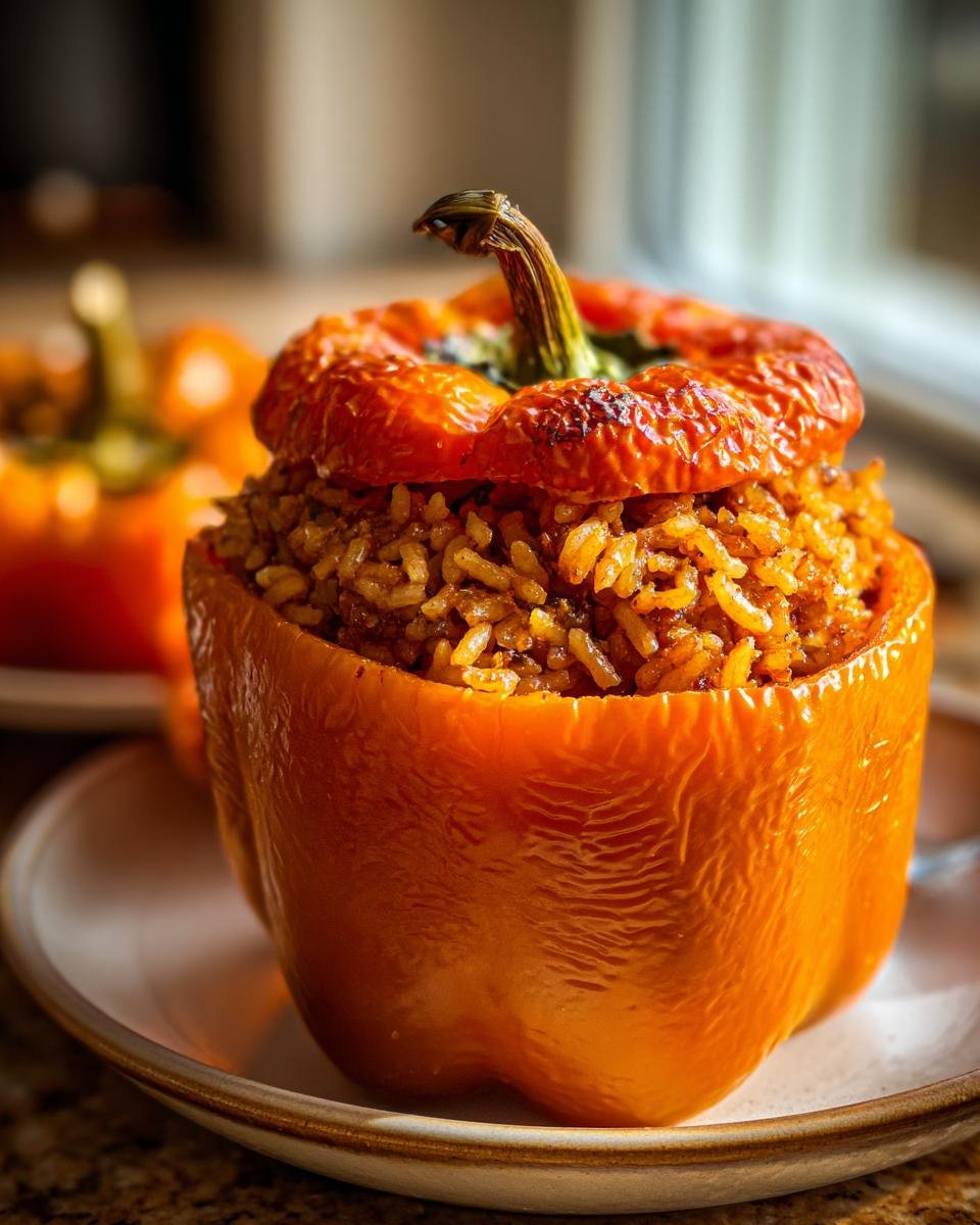Close-up of a baked orange bell pepper filled with seasoned rice, one of the amazing Pumpkin Stuffed Peppers.