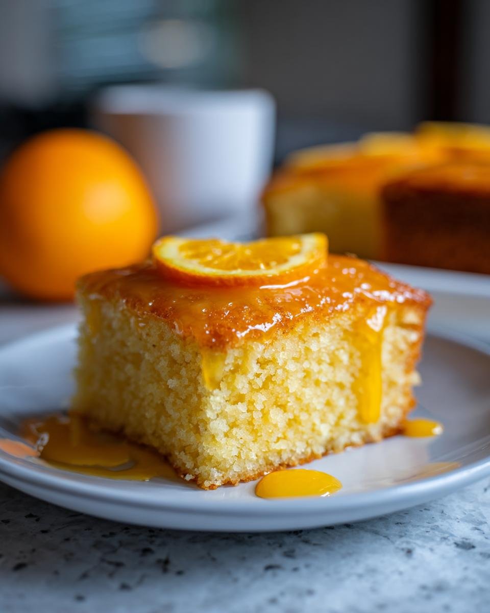 A close-up of a square slice of moist Orange Soda Cake topped with orange glaze and a candied orange slice.