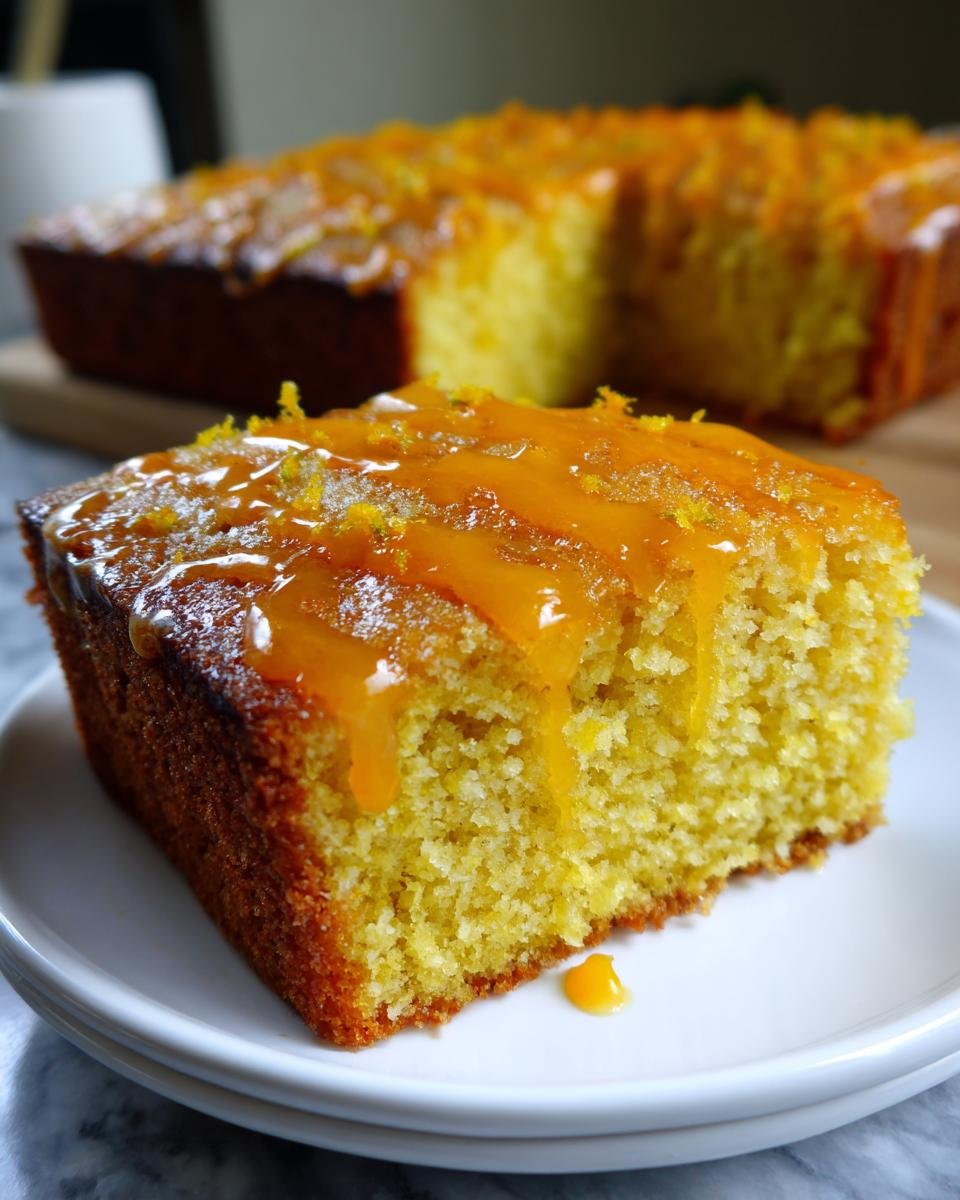 A close-up of a moist slice of Orange Soda Cake topped with a thick orange glaze and zest.