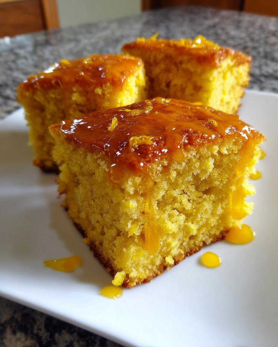 Three moist slices of Orange Soda Cake topped with a shiny orange glaze and zest.