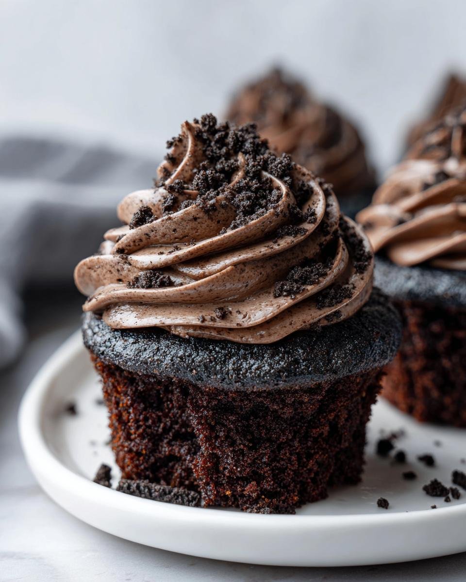 A close-up of a decadent Oreo Cupcakes featuring dark chocolate cake and thick chocolate frosting topped with cookie crumbs.