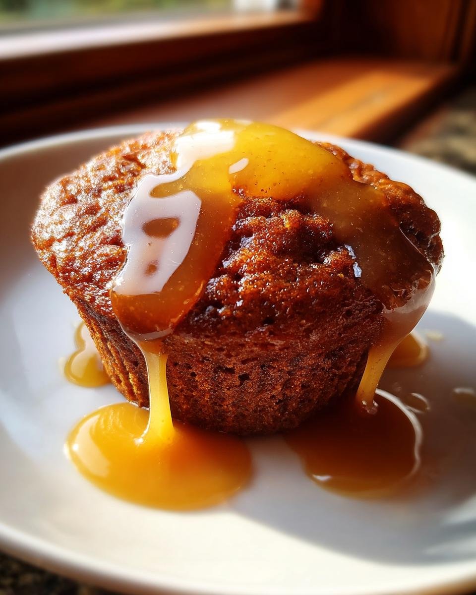 Close-up of a single, dark baked good, one of the Peanut Butter Caramel Minis, generously topped with thick caramel sauce.