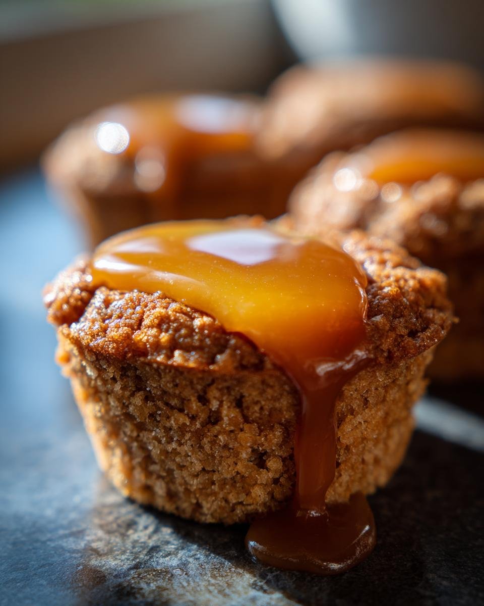 A close-up, macro shot of one of the Peanut Butter Caramel Minis topped with a thick, glossy caramel sauce dripping down the side.