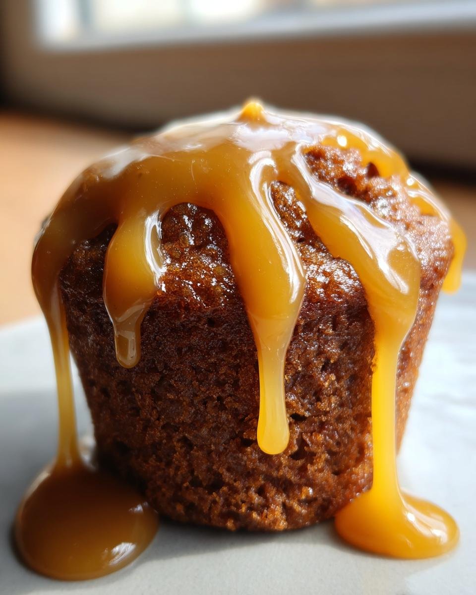 Close-up of a single, rich brown Peanut Butter Caramel Minis muffin generously topped with thick, dripping caramel sauce.