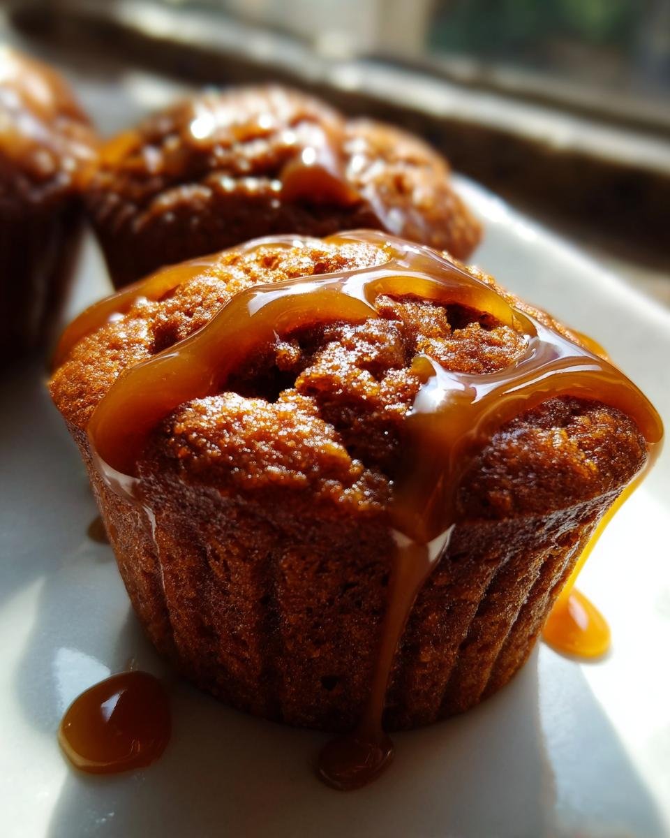 A close-up of one of the delicious Peanut Butter Caramel Minis, generously topped with a thick caramel sauce drizzle.