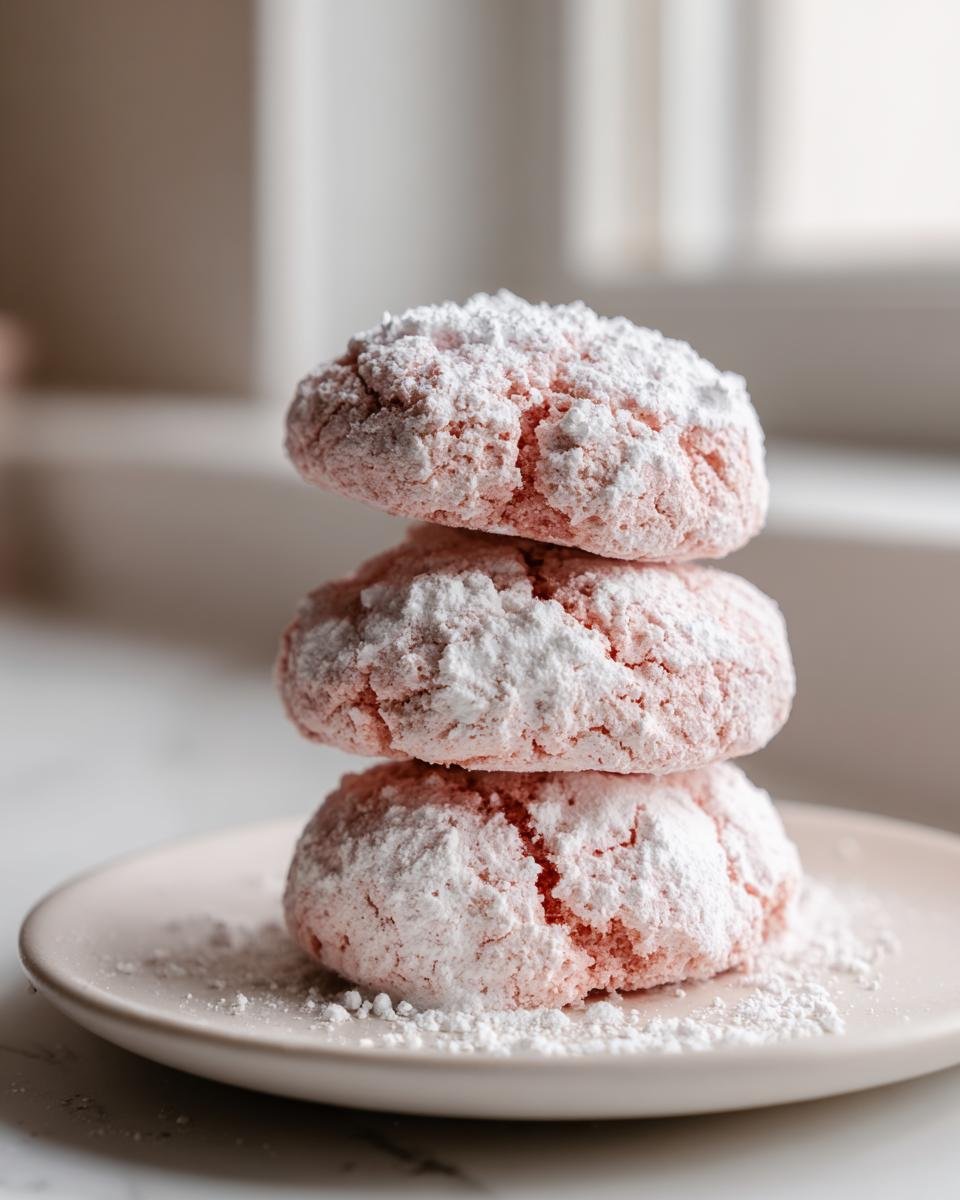 Three pink Strawberry Cookies stacked on a small plate, heavily coated in white powdered sugar.