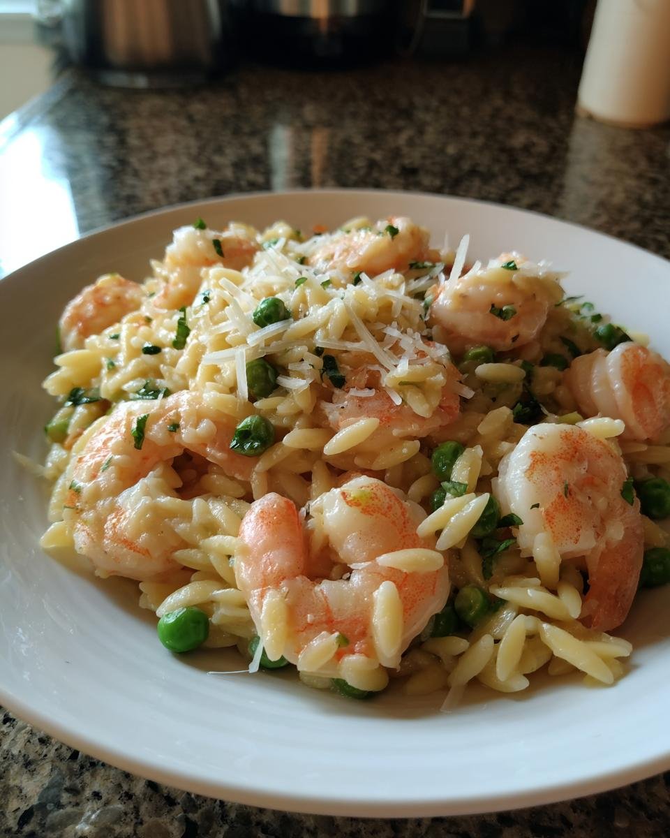 A close-up of a white bowl filled with creamy Shrimp Orzo pasta mixed with bright green peas and topped with grated Parmesan.