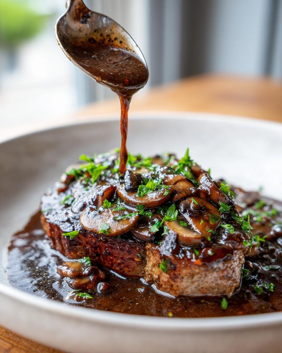 A spoonful of rich, dark Hunters Sauce is being poured over a steak topped with saut&eacute;ed mushrooms and parsley.