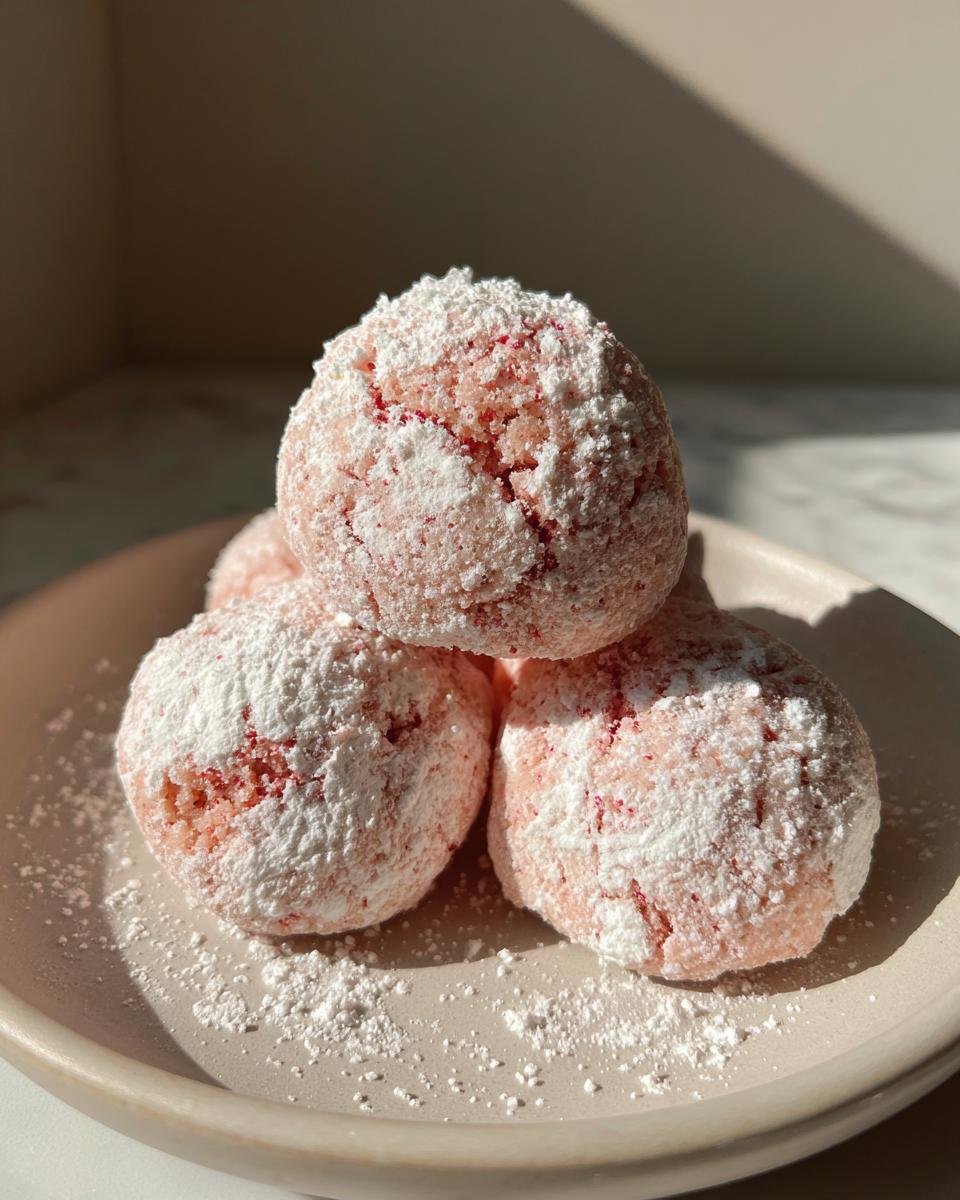 A stack of four pink, crinkle-top Strawberry Cookies heavily dusted with powdered sugar on a light plate.