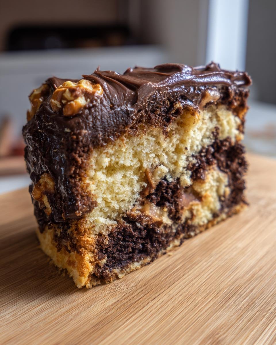 A close-up slice of Pretzel Chaos Cake showing marbled vanilla and chocolate layers, topped with rich chocolate frosting and walnuts.