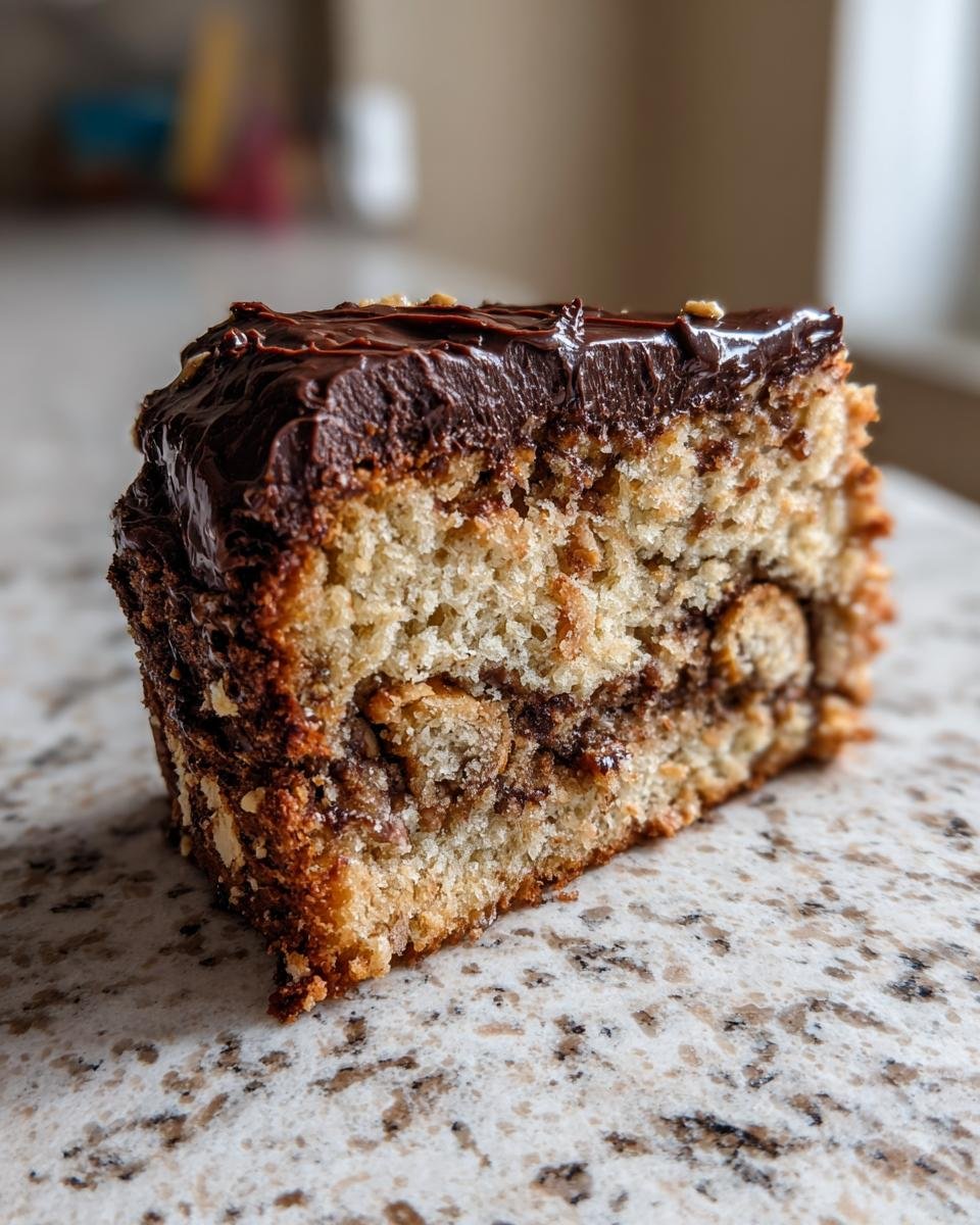 Close-up of a slice of Pretzel Chaos Cake showing the layered texture and rich chocolate frosting.
