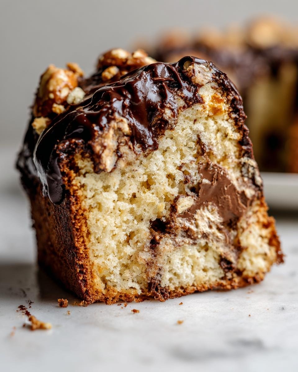Close-up of a moist slice of Pretzel Chaos Cake showing the light crumb, chocolate swirl, and rich chocolate glaze topping.