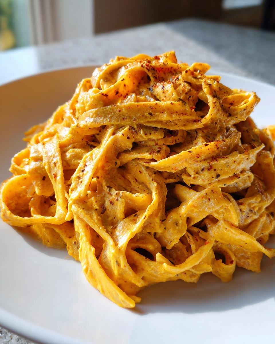 Close-up of vibrant orange Pumpkin Alfredo Pasta tossed in a rich sauce and sprinkled with spices on a white plate.