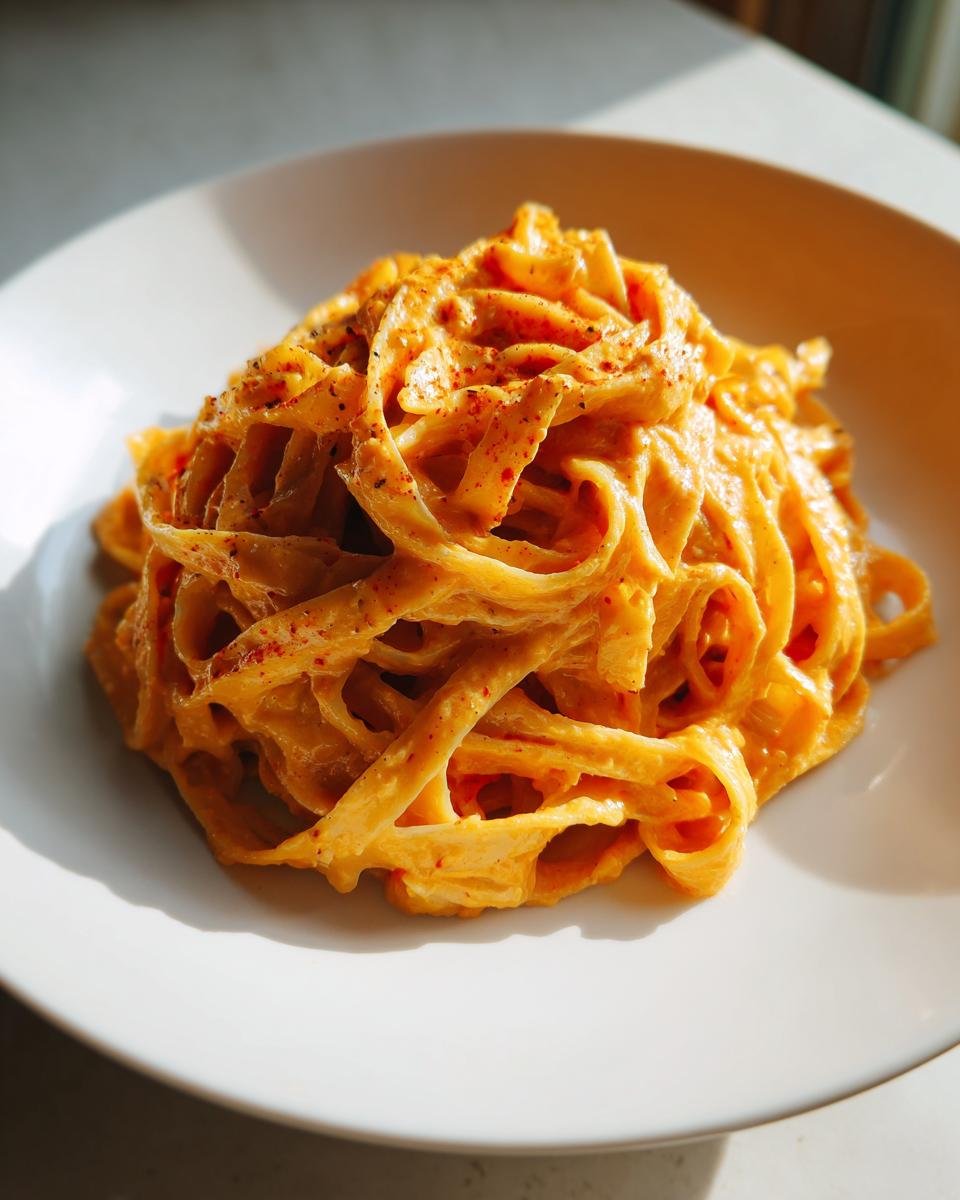 A close-up of creamy Pumpkin Alfredo Pasta tossed with fettuccine noodles, served on a white plate.