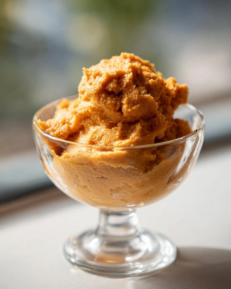 A scoop of rich orange Pumpkin Mousse served in a clear glass dessert dish.