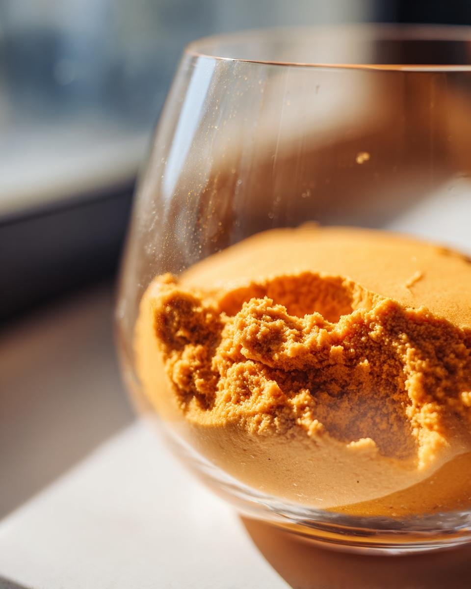 Close-up shot showing the airy, textured surface of orange Pumpkin Mousse served in a clear glass.