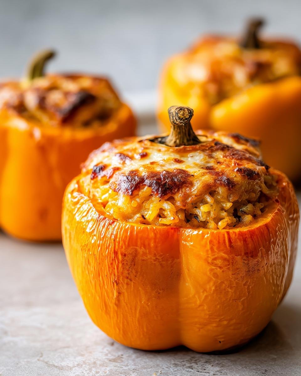 A close-up of a baked orange bell pepper filled with rice stuffing, topped with melted and browned cheese, ready to eat Pumpkin Stuffed Peppers.