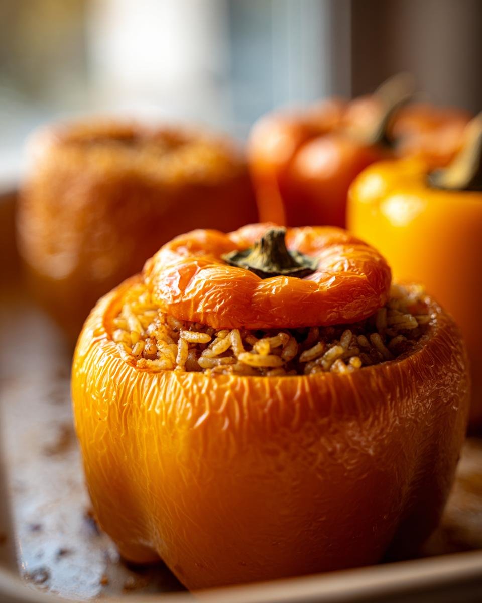A close-up of a baked orange bell pepper filled with seasoned rice, representing Pumpkin Stuffed Peppers.