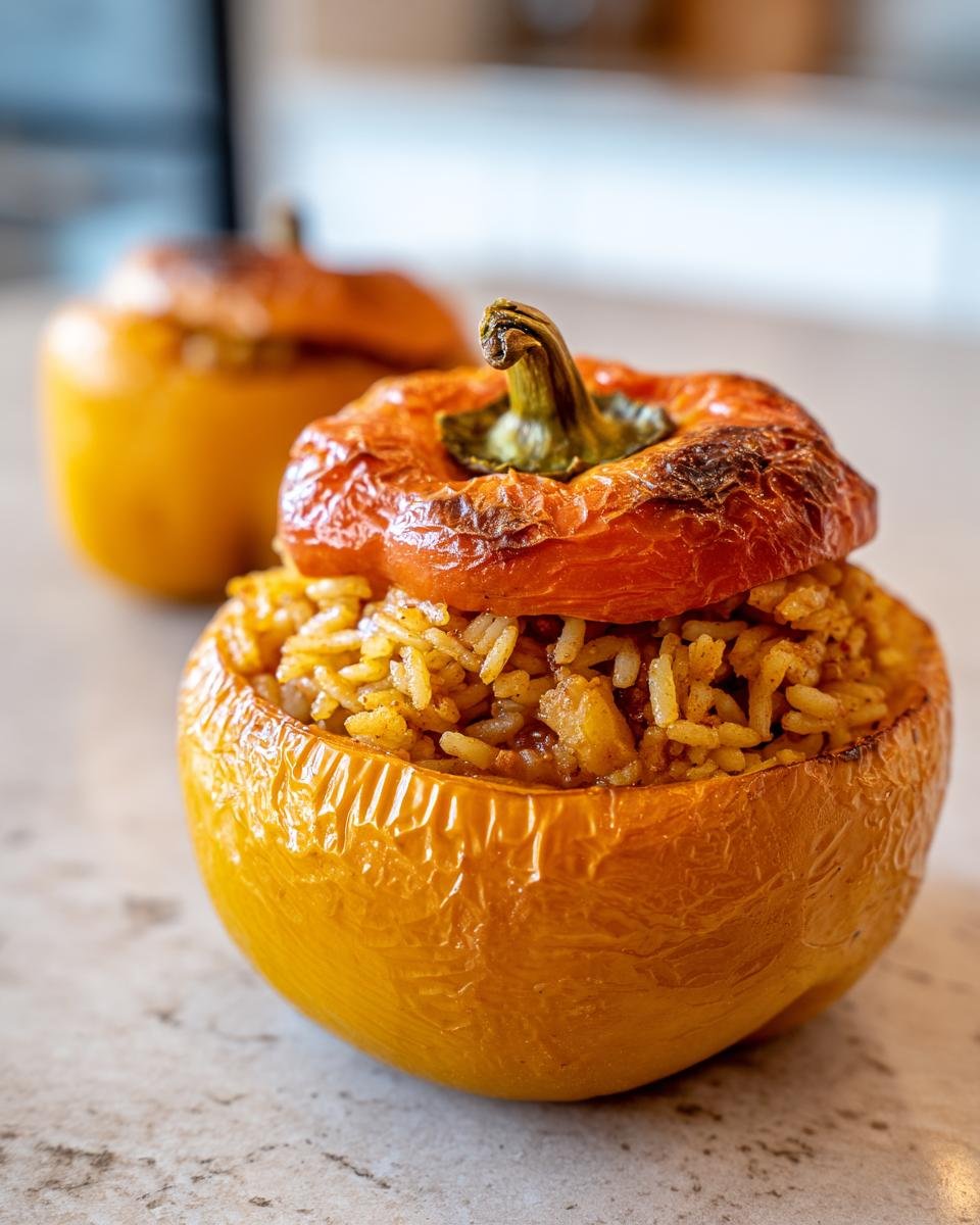 A close-up of a baked yellow bell pepper filled with seasoned rice, part of a recipe for Pumpkin Stuffed Peppers.