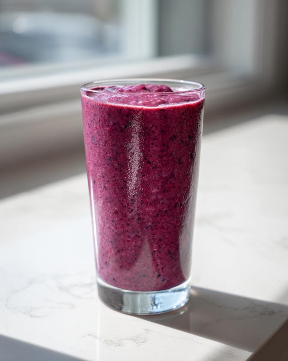A tall glass filled with a thick, vibrant purple Greek Yogurt Smoothie sitting on a white countertop near a window.