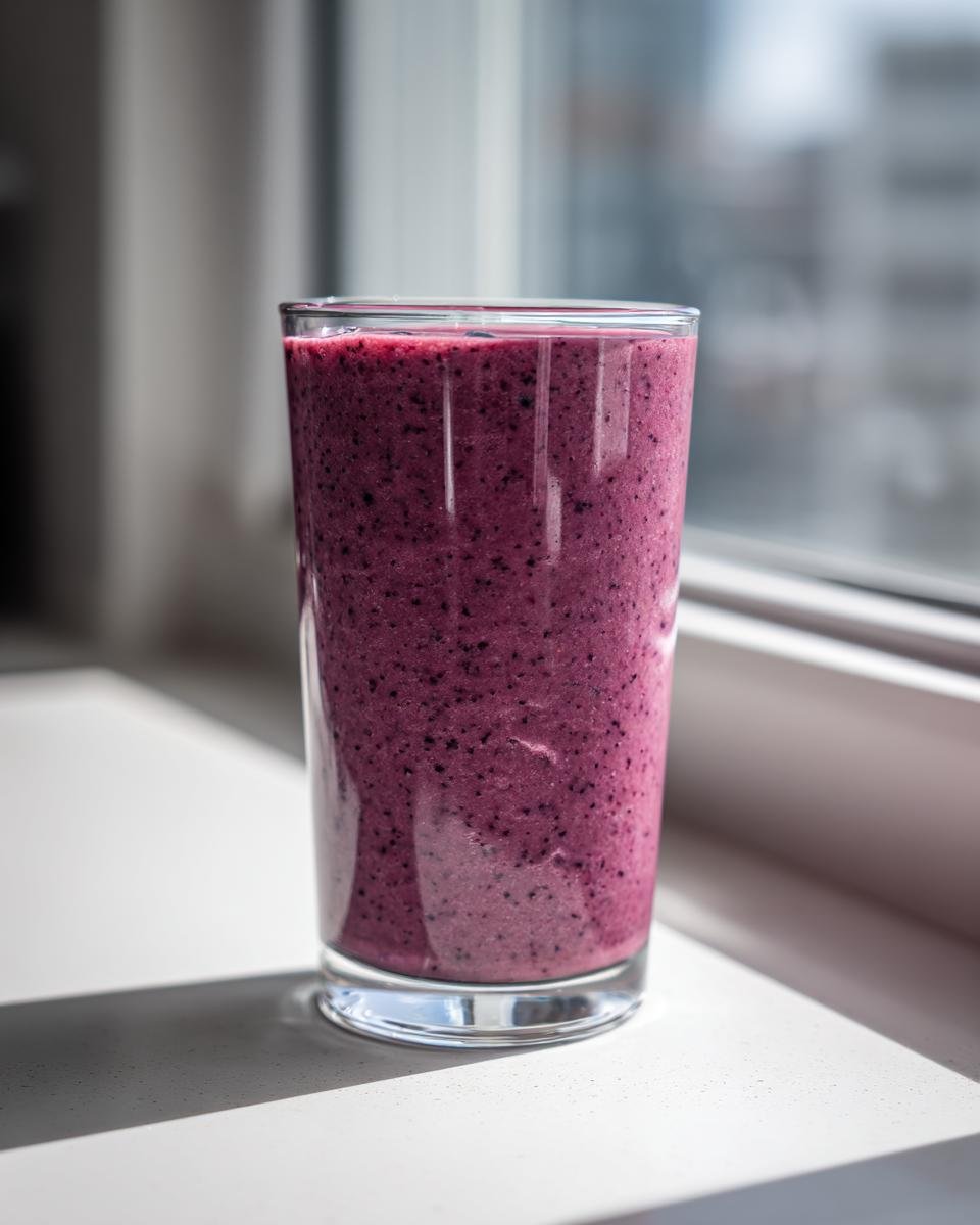 A tall glass filled with a thick, deep purple Greek Yogurt Smoothie sitting on a bright white windowsill.