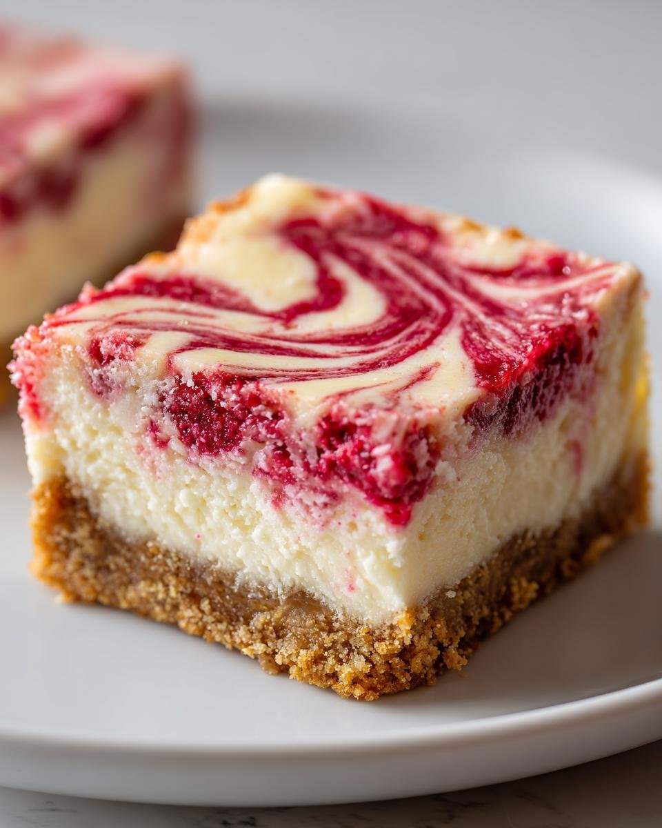 A close-up shot of a perfectly cut slice of Raspberry Cheesecake Bars showing a graham cracker crust and a creamy top swirled with raspberry puree.
