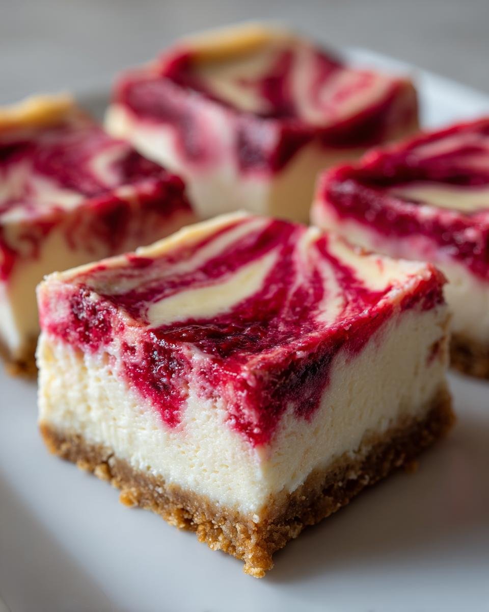 A close-up of a square slice of Raspberry Cheesecake Bars showing a graham cracker crust and a creamy white filling swirled with bright red raspberry topping.