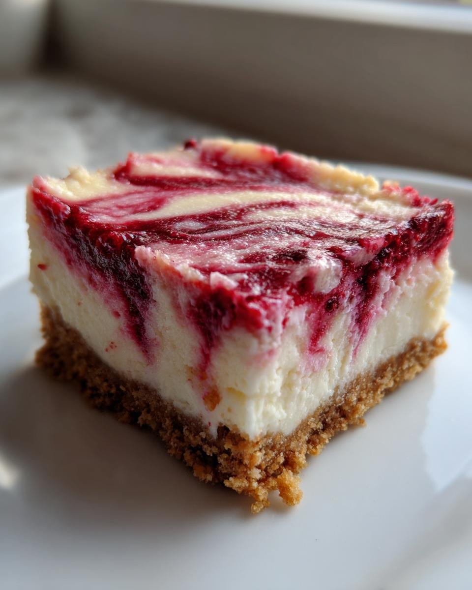 Close-up of a single, thick square of Raspberry Cheesecake Bars showing a graham cracker crust and a vibrant raspberry swirl on top.