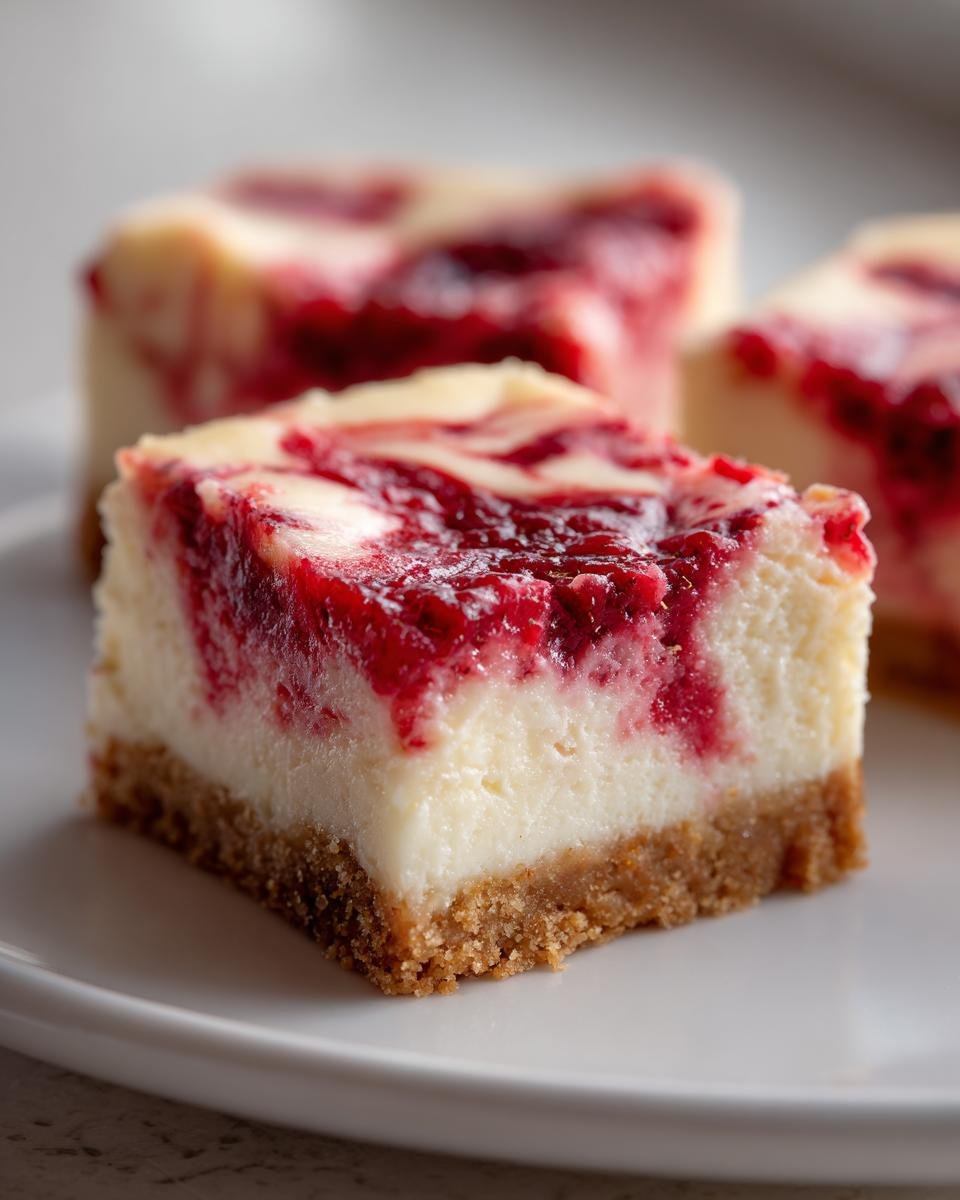 A close-up, focus shot of one square of Raspberry Cheesecake Bars showing the creamy filling and graham cracker crust.