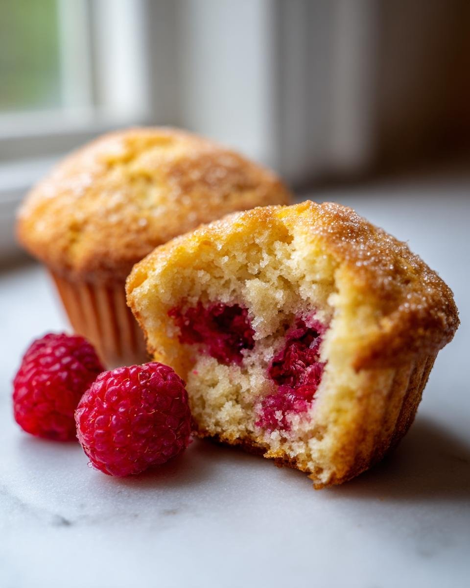 A close-up of a freshly baked Raspberry Muffins, one broken open to show the bright red raspberry filling inside.